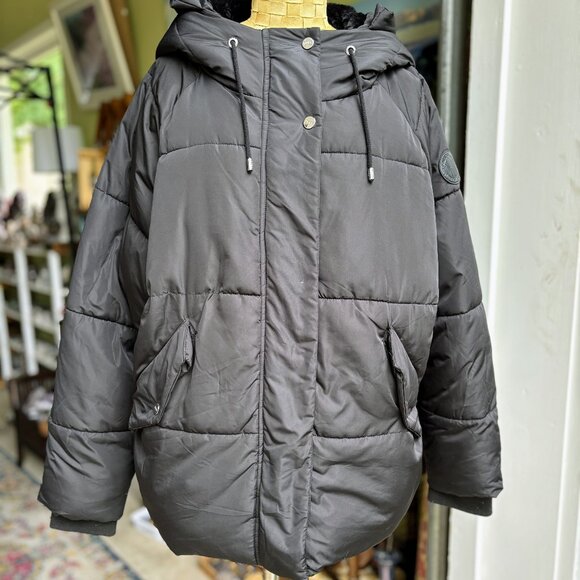 Black Puffer Jacket, Black Bomber Jacket, Fur hood, Oversized Black Coat, DKNY - Picture 2 of 13